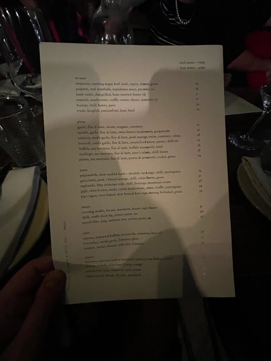Menu, Farina 00 Pasta & Wine