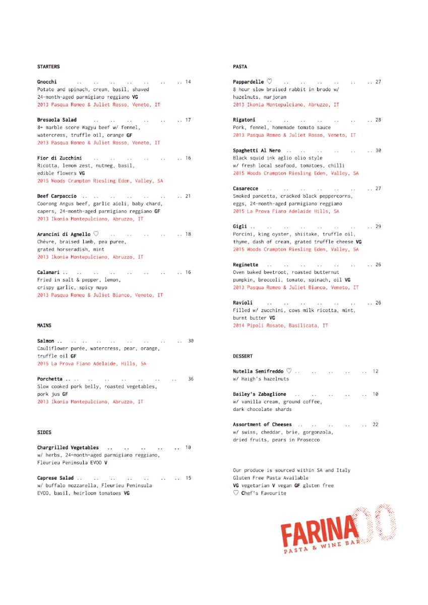 Menu, Farina 00 Pasta & Wine