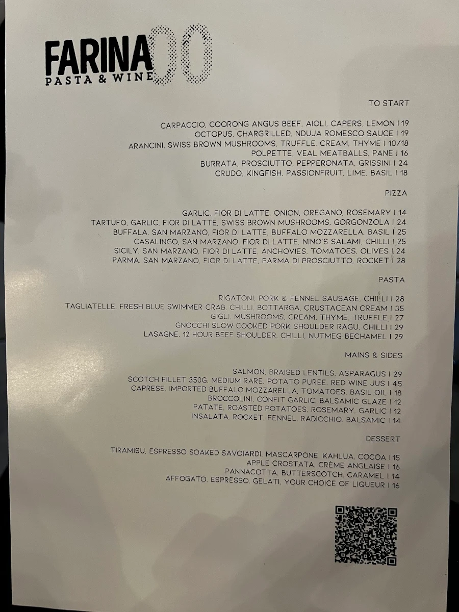Menu, Farina 00 Pasta & Wine