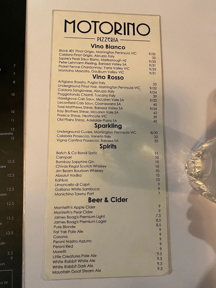 Menu, Motorino Pizzeria