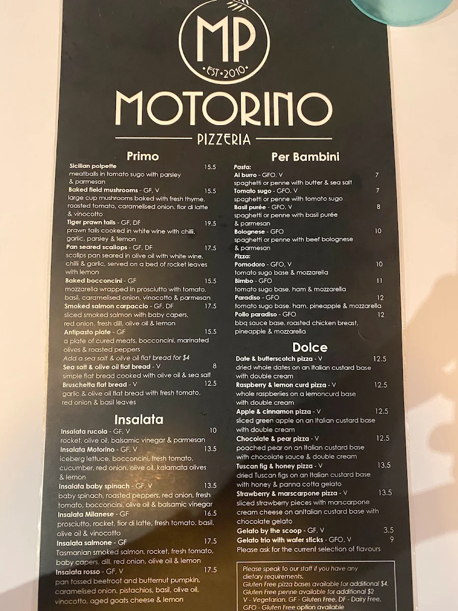 Menu, Motorino Pizzeria