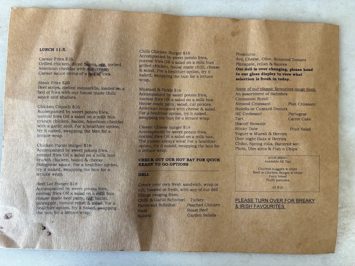 Menu, Gemma-Lee's Cafe