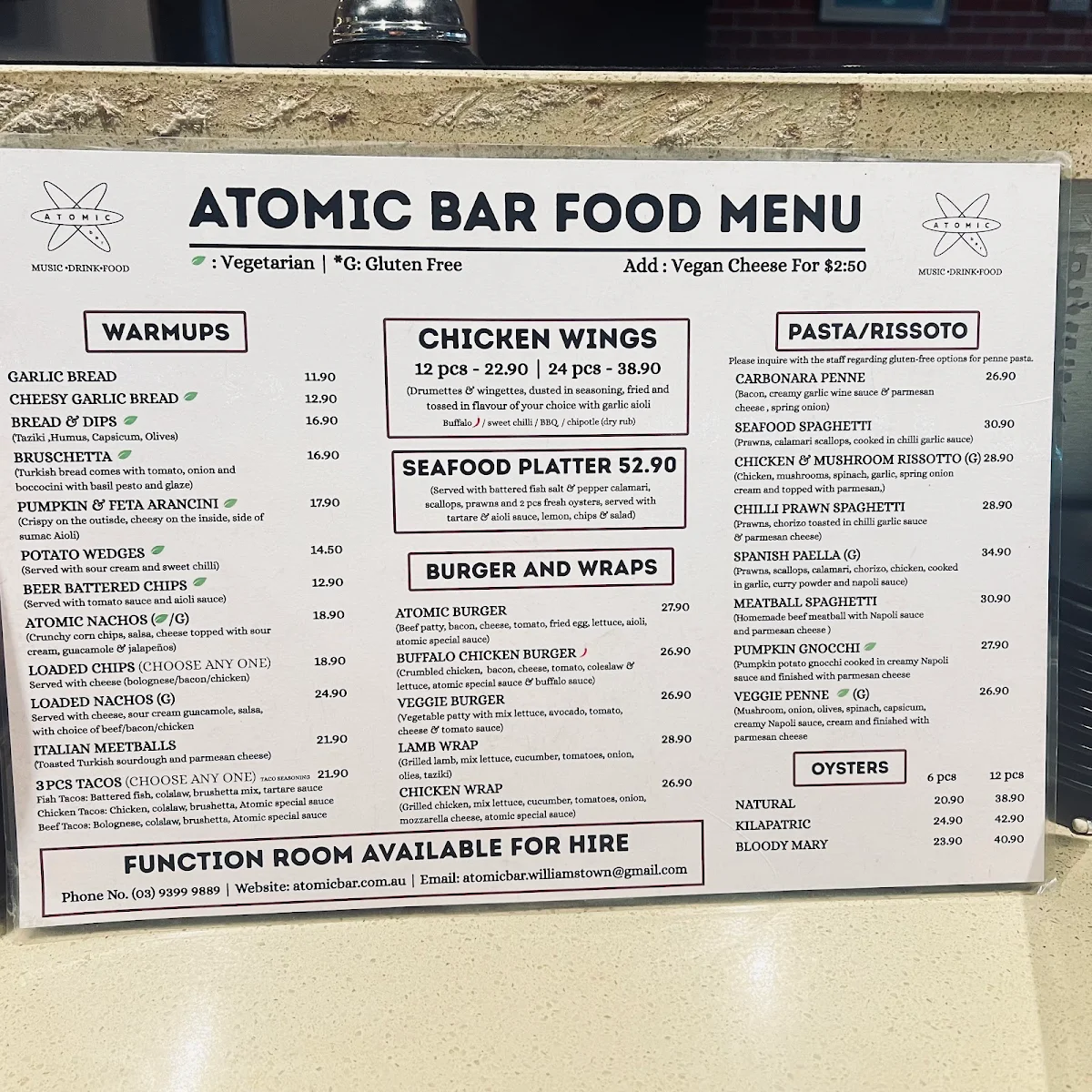 Menu, Atomic Bar