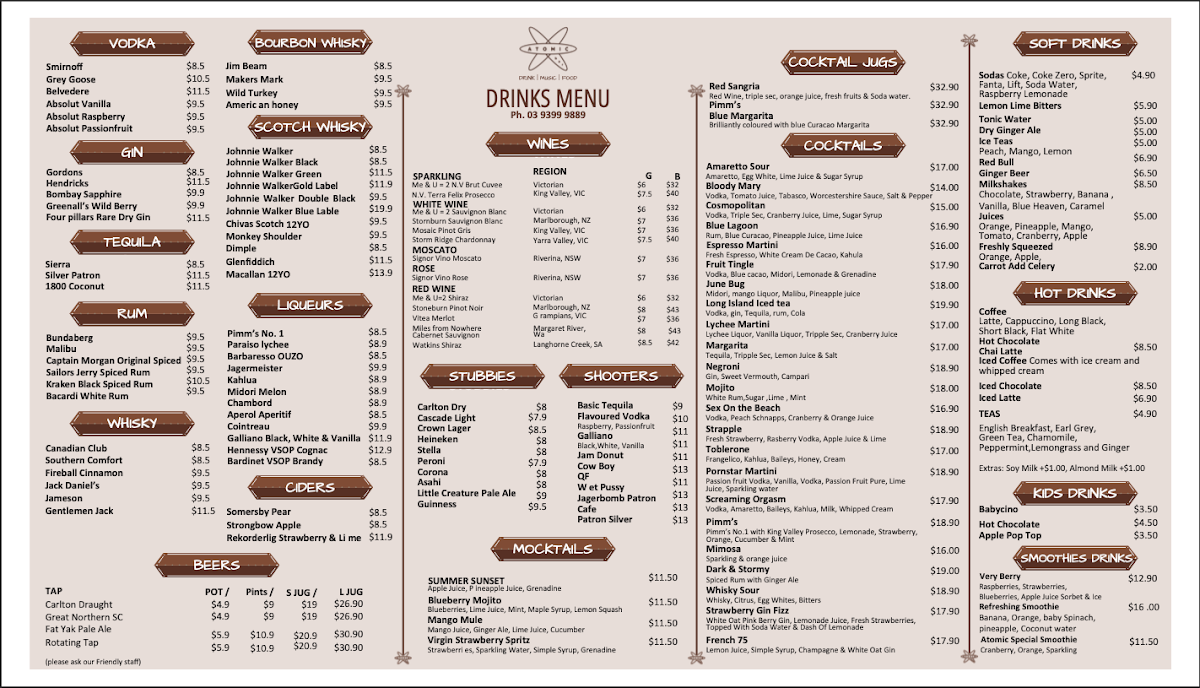 Menu, Atomic Bar