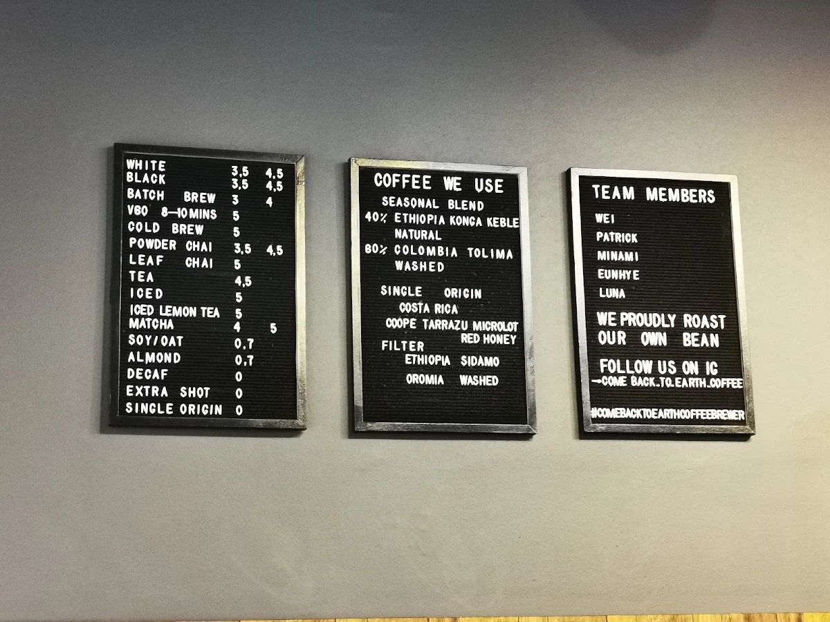 Menu, Come Back to Earth Coffee Brewers