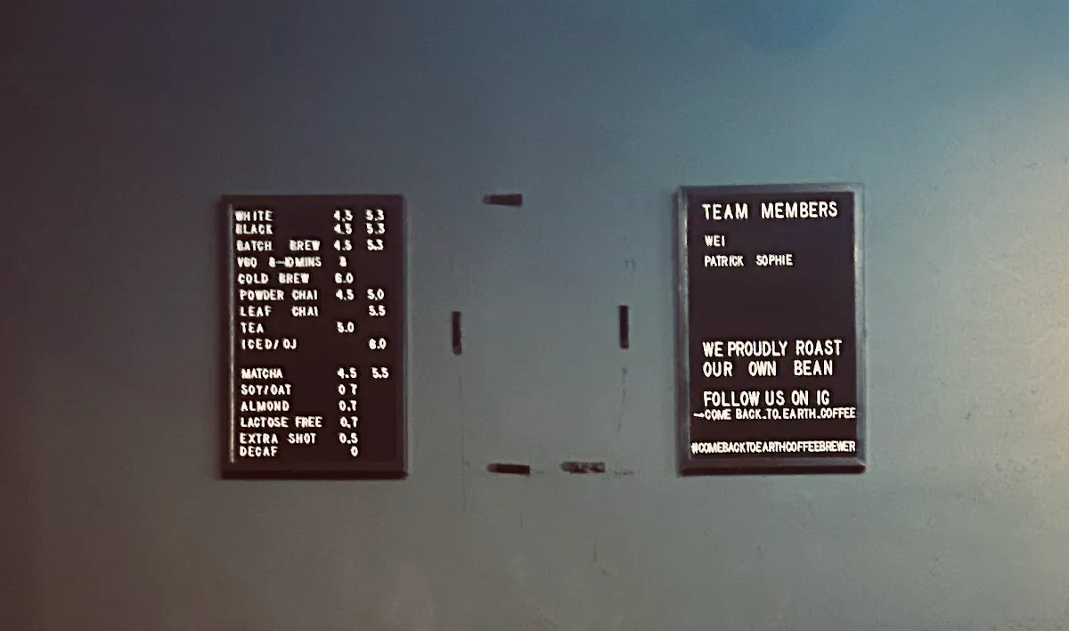 Menu, Come Back to Earth Coffee Brewers