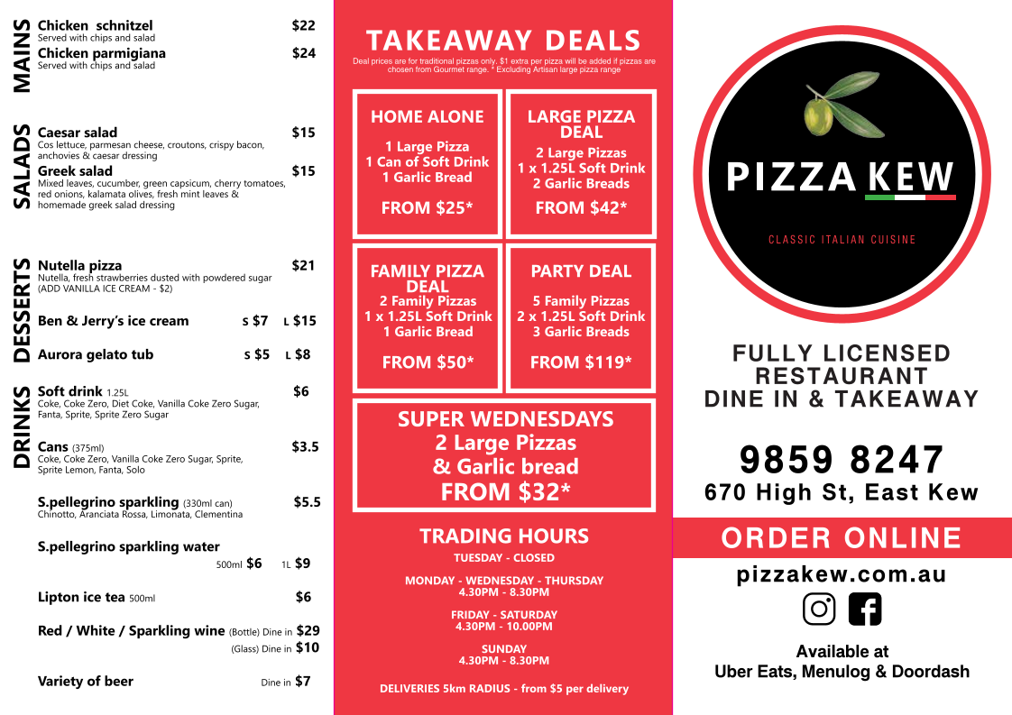 Menu, Pizza Kew