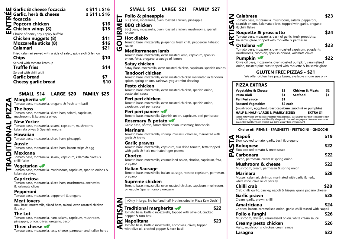 Menu, Pizza Kew