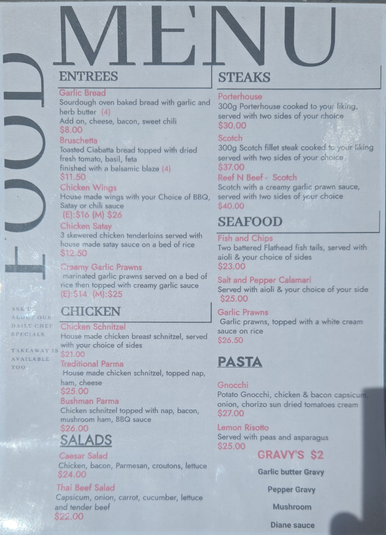 Menu, Railway Hotel Deniliquin