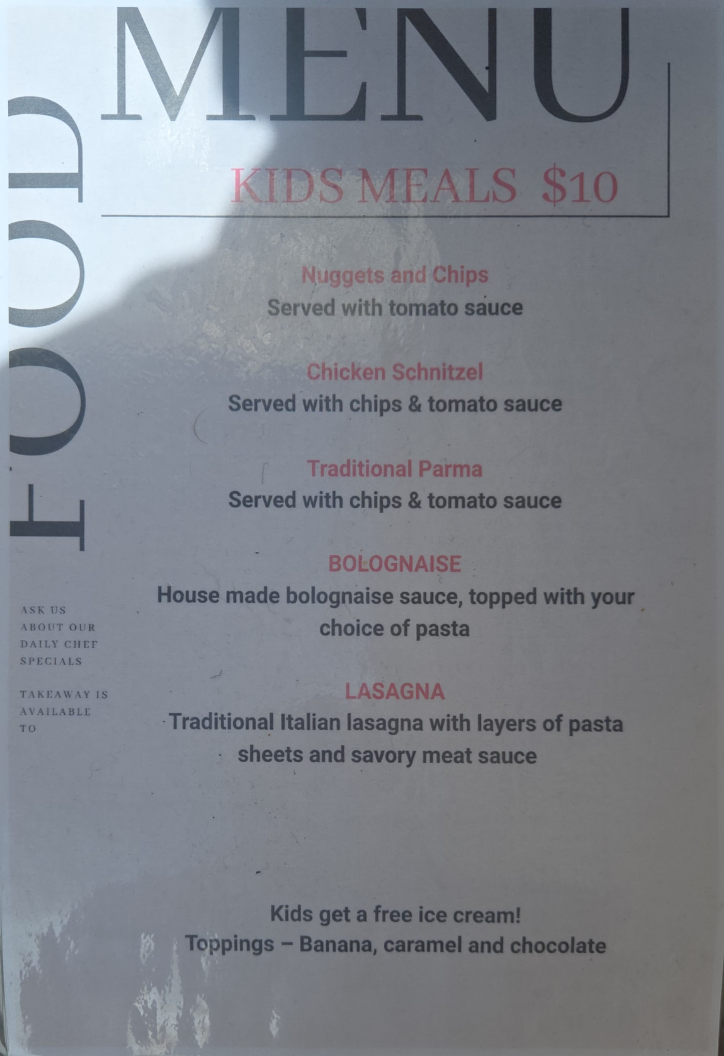 Menu, Railway Hotel Deniliquin