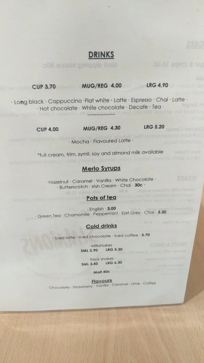 Menu, Simmon's Bakery
