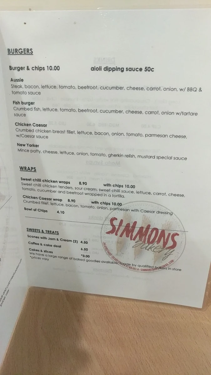 Menu, Simmon's Bakery
