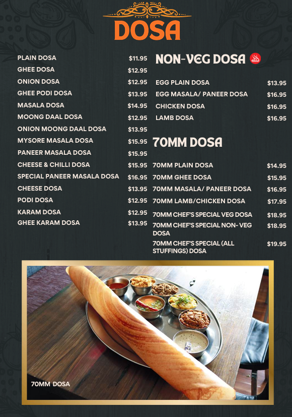 Menu, DosaHut Indian Multi Cuisine Dural