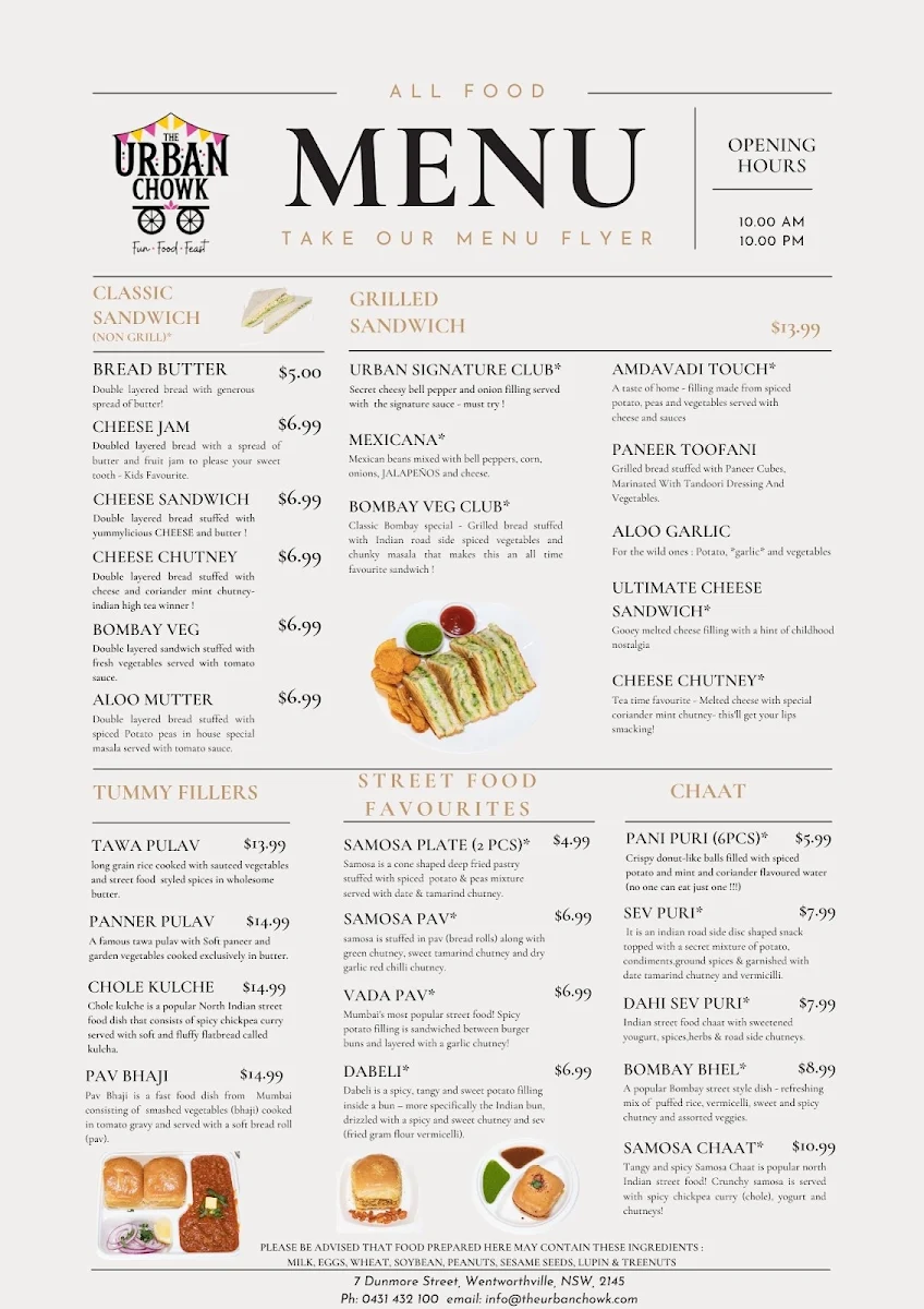 Menu, The Urban Chowk, Indian Restaurant Wentworthville