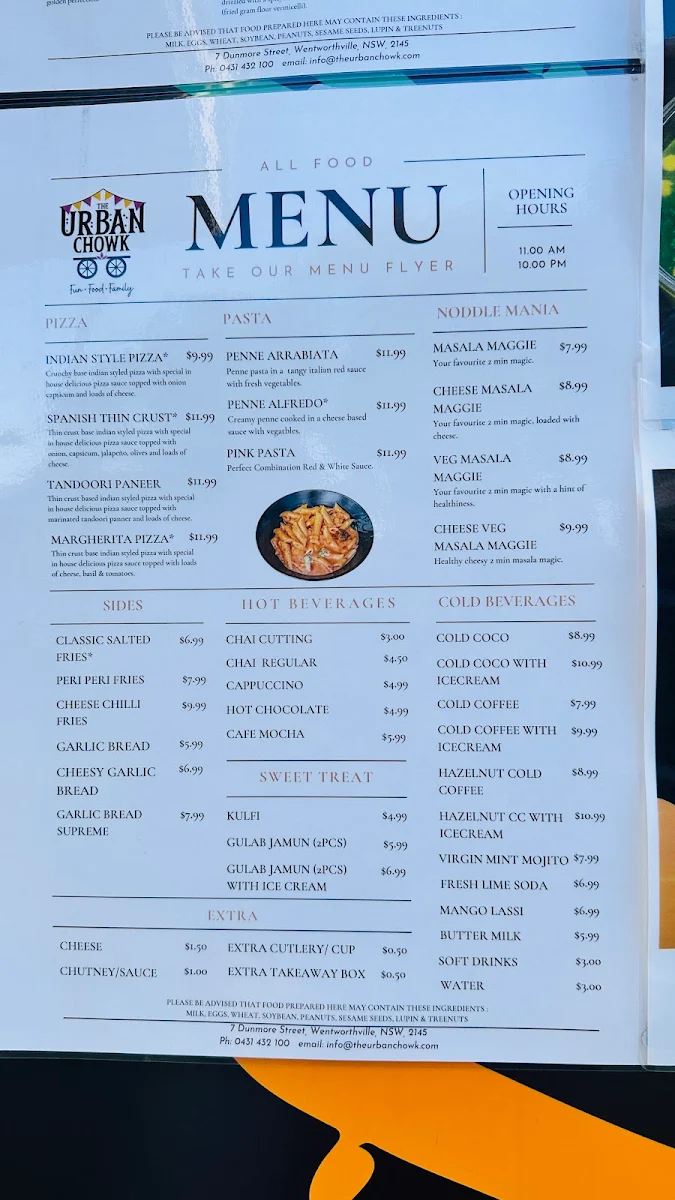 Menu, The Urban Chowk, Indian Restaurant Wentworthville
