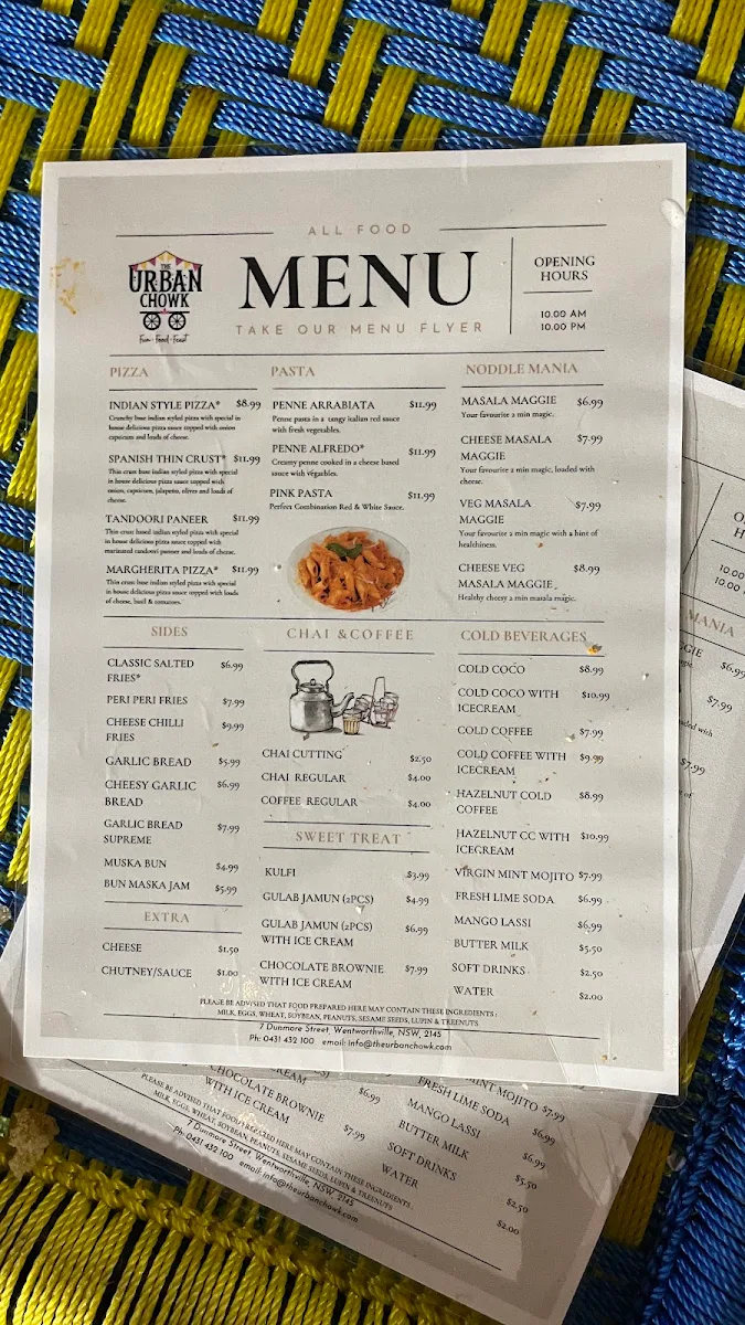 Menu, The Urban Chowk, Indian Restaurant Wentworthville