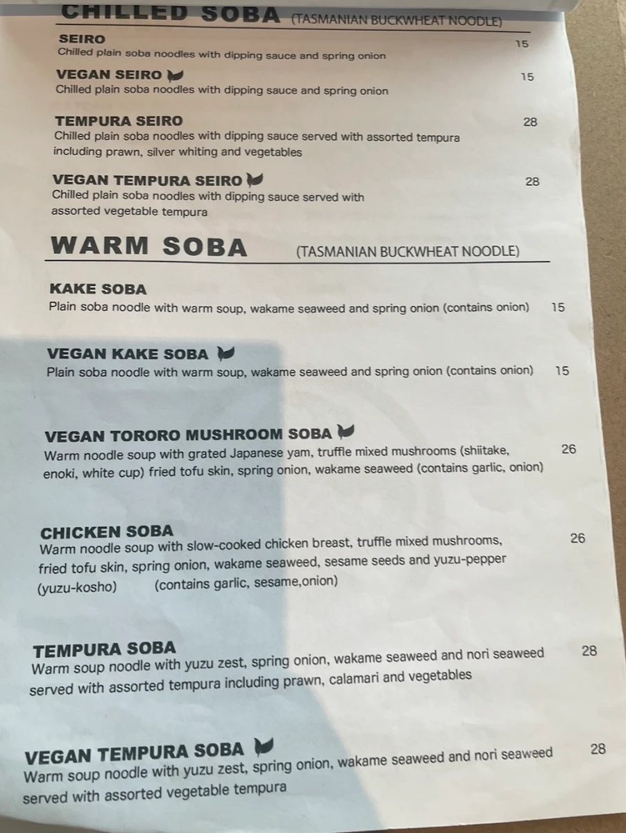 Menu, Shimbashi Soba & Sake Bar - Carlton North