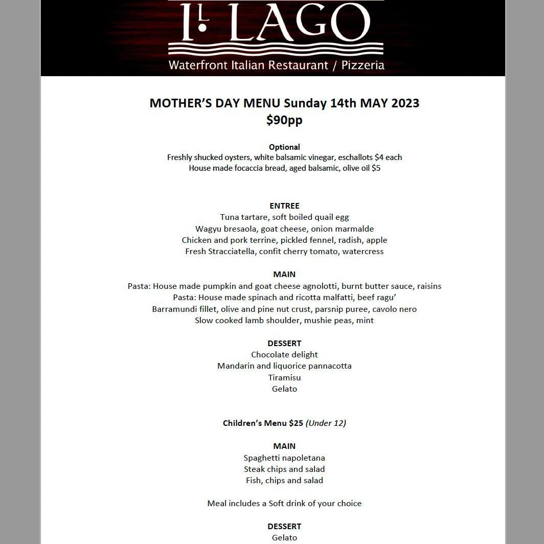 Menu, Il Lago Italian Restaurant