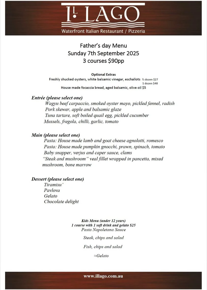 Menu, Il Lago Italian Restaurant