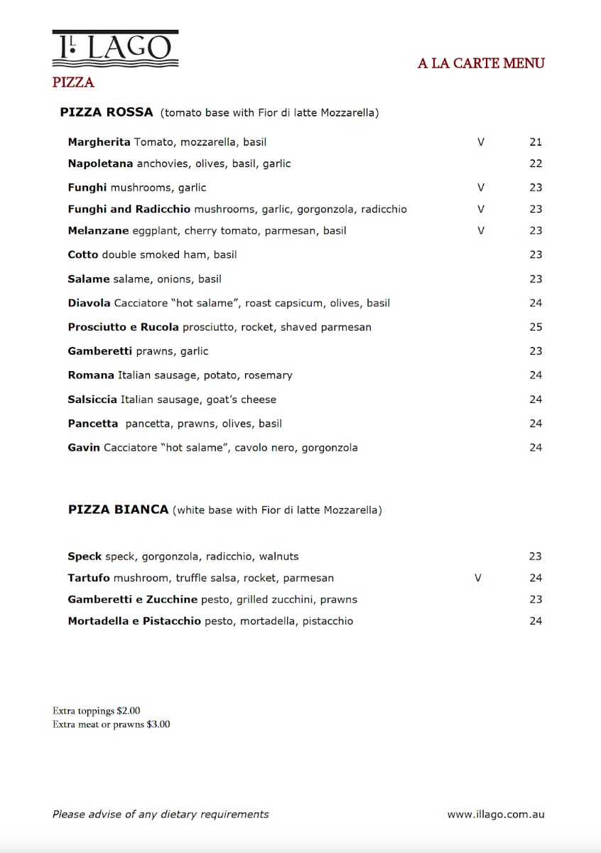 Menu, Il Lago Italian Restaurant