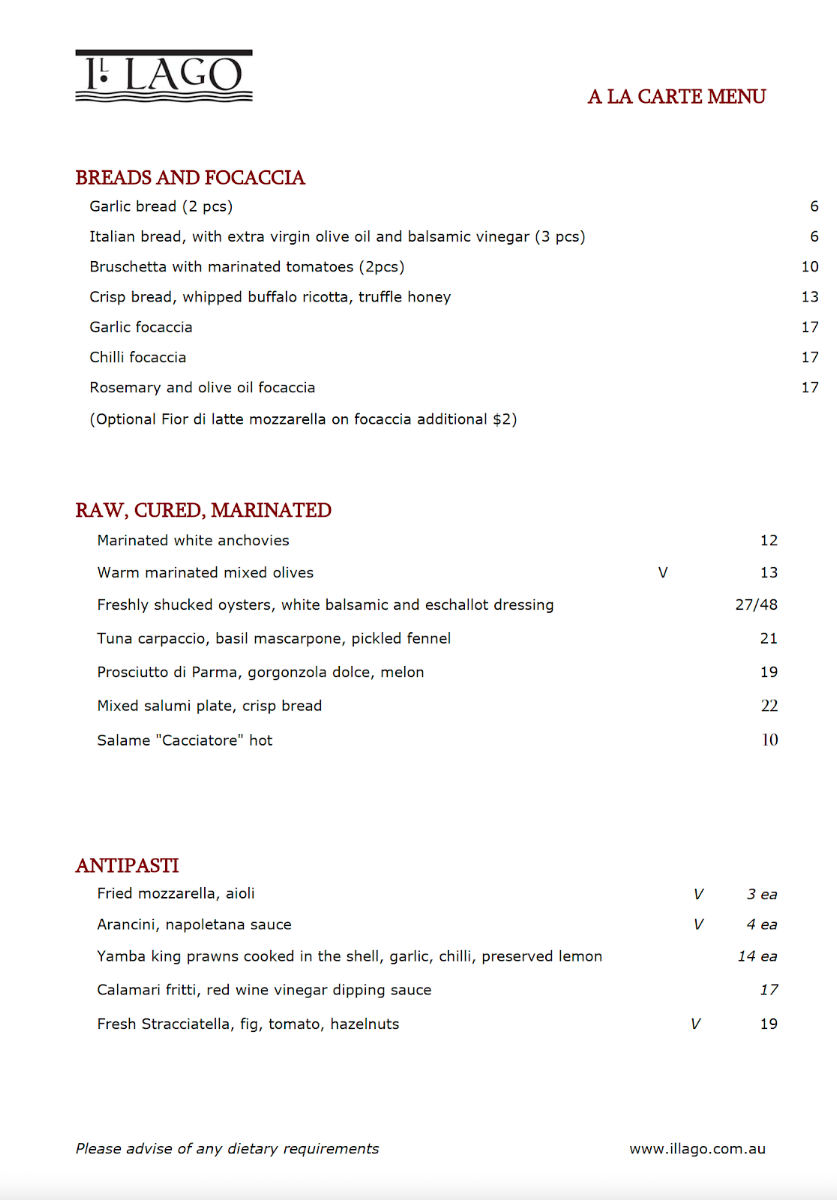 Menu, Il Lago Italian Restaurant