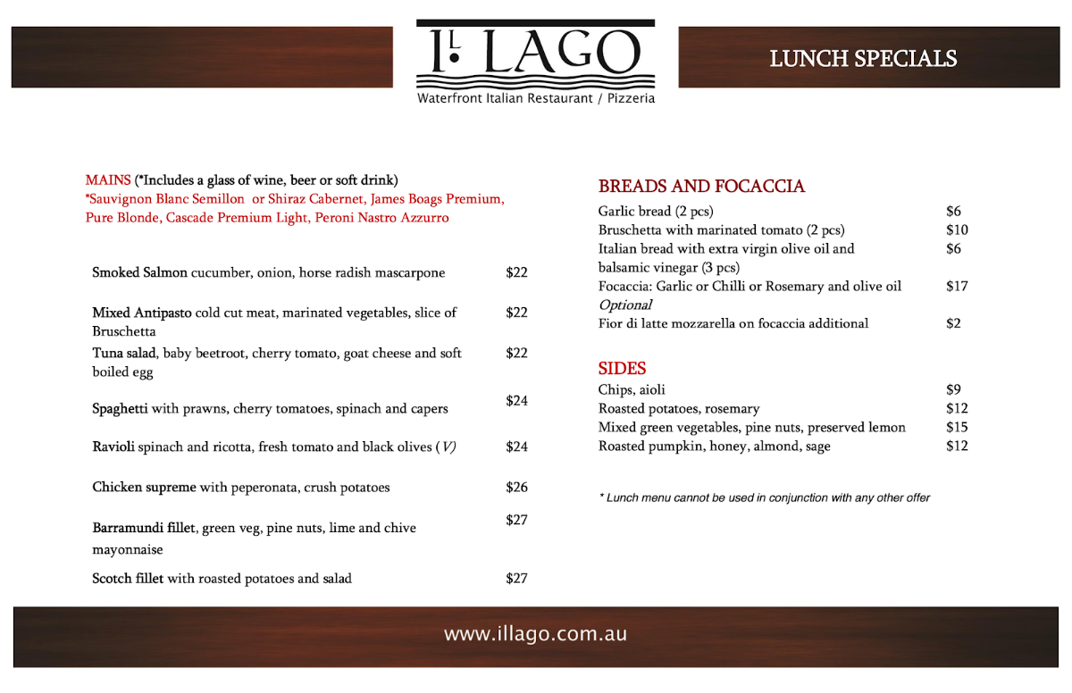 Menu, Il Lago Italian Restaurant