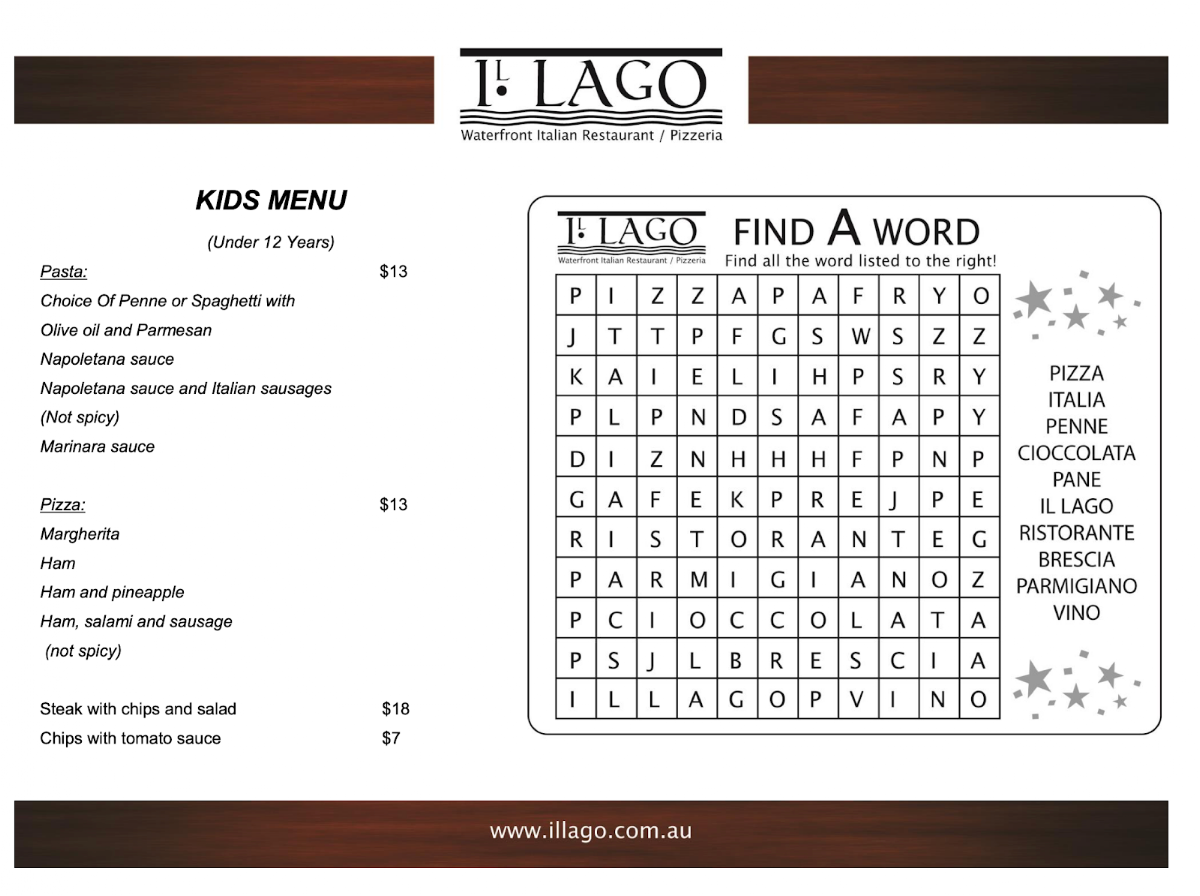Menu, Il Lago Italian Restaurant