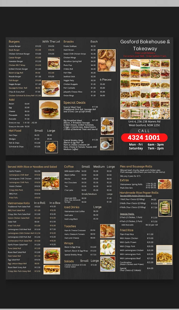 Menu, Gosford Bakehouse & Takeaway
