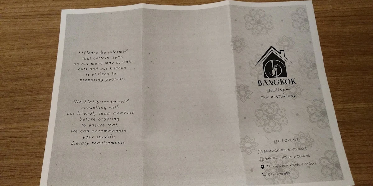 Menu, Bangkok House Woodend