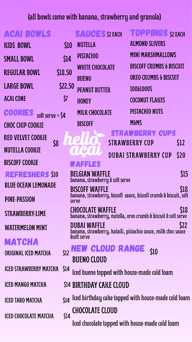 Menu, Hello Açai