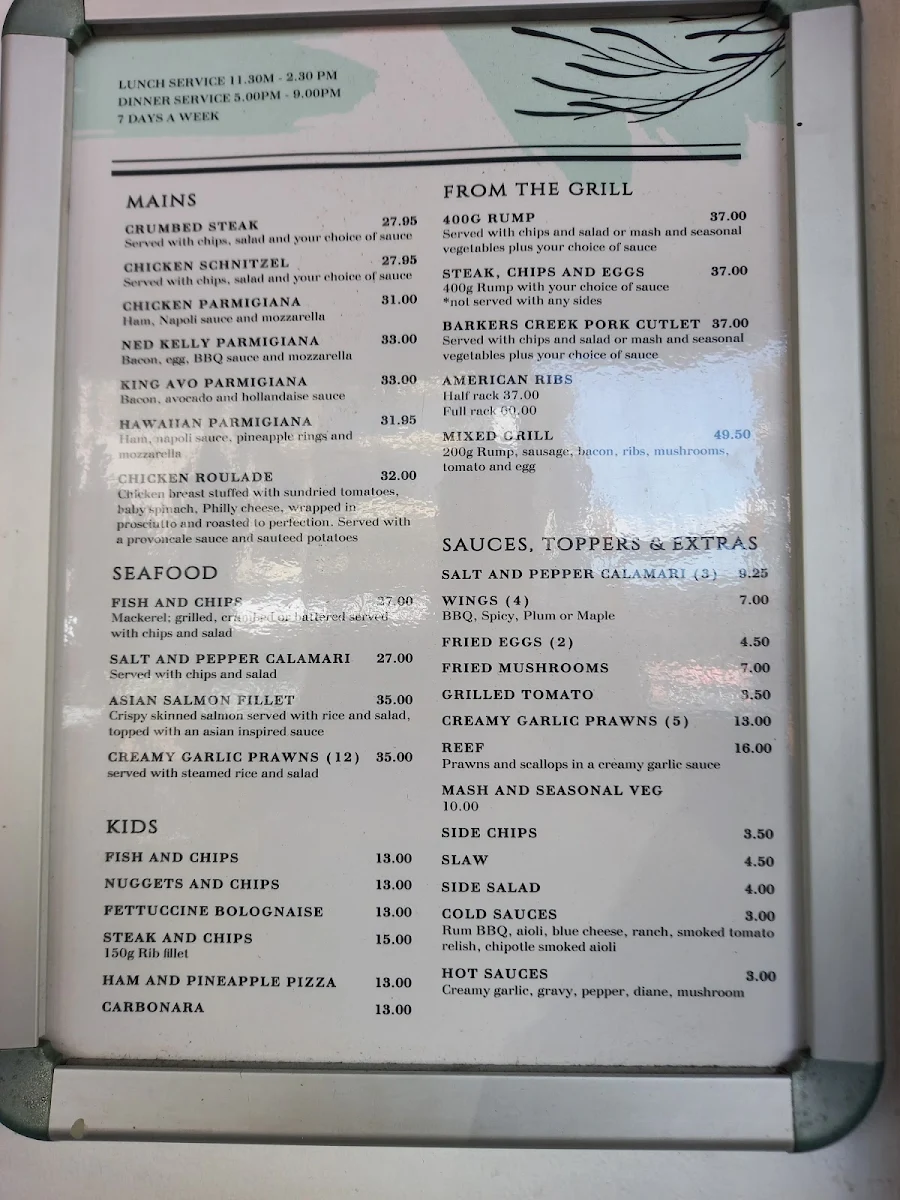 Menu, Australian Hotel