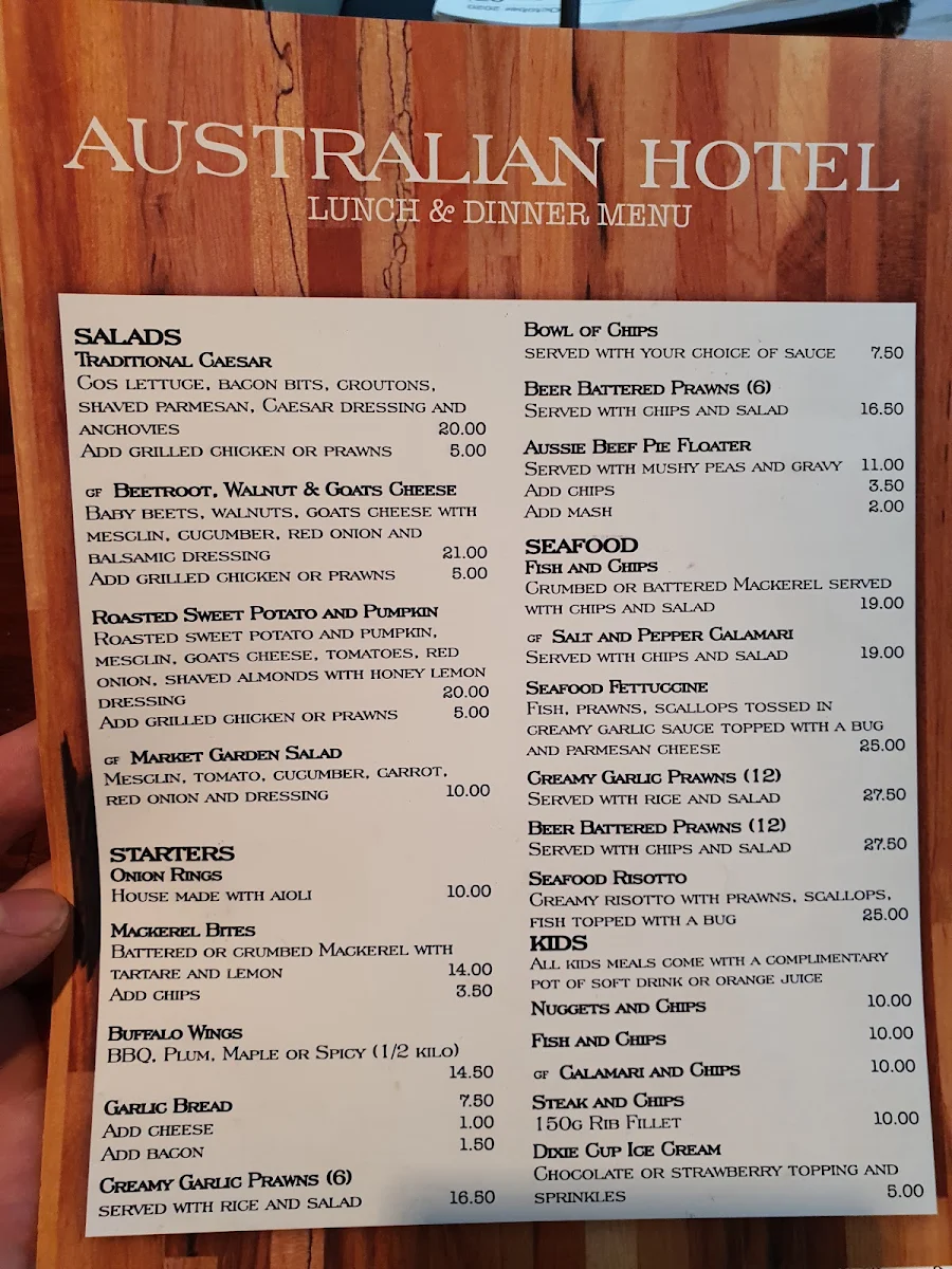 Menu, Australian Hotel