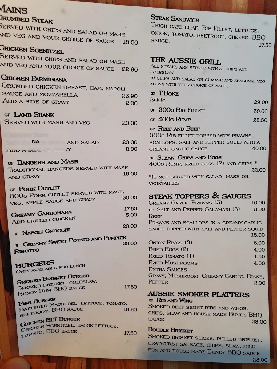 Menu, Australian Hotel