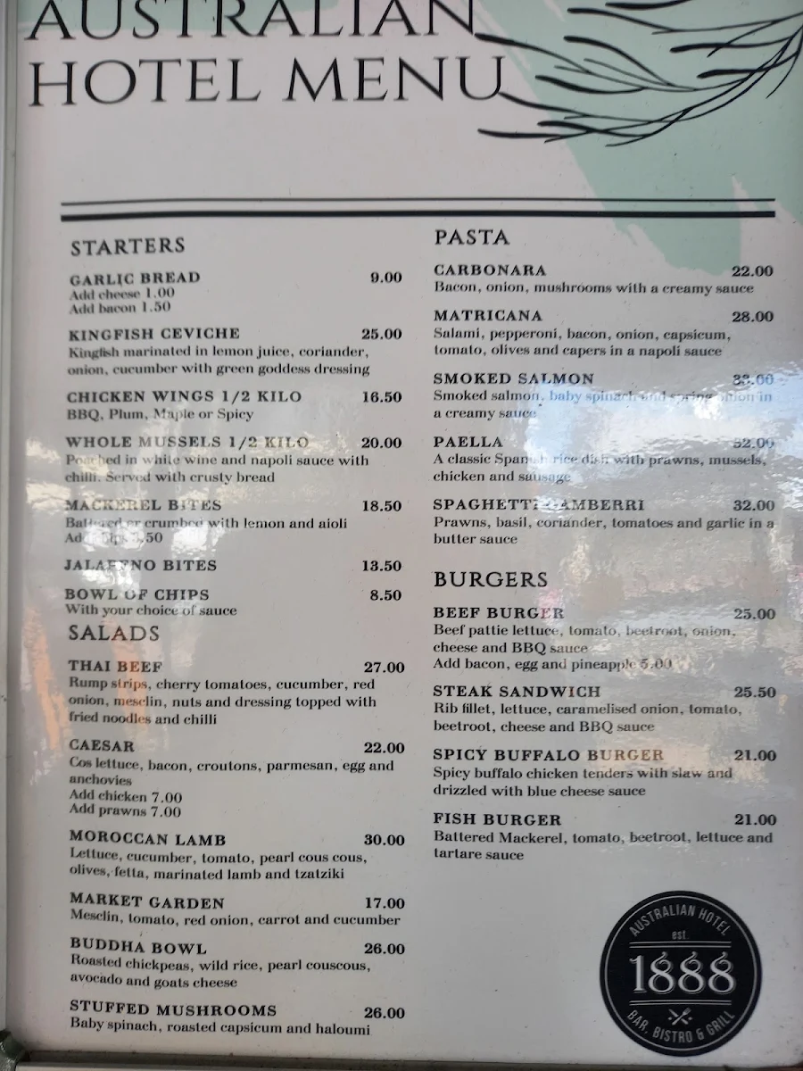 Menu, Australian Hotel