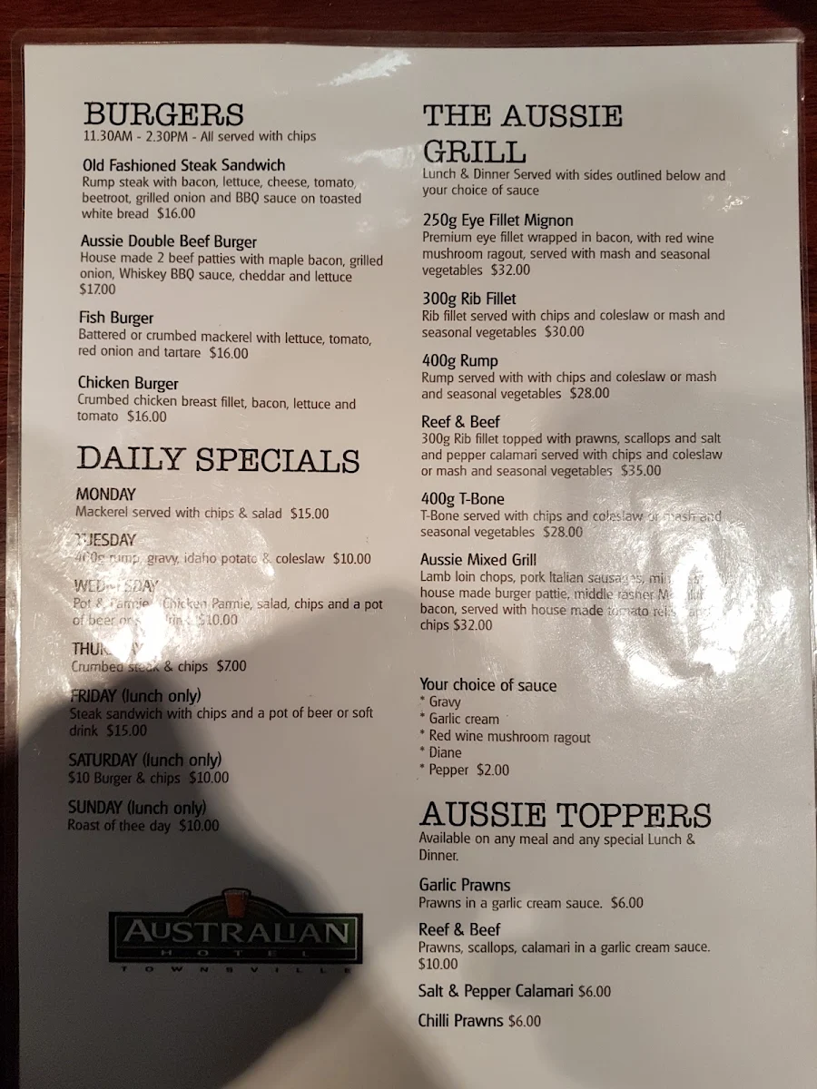 Menu, Australian Hotel