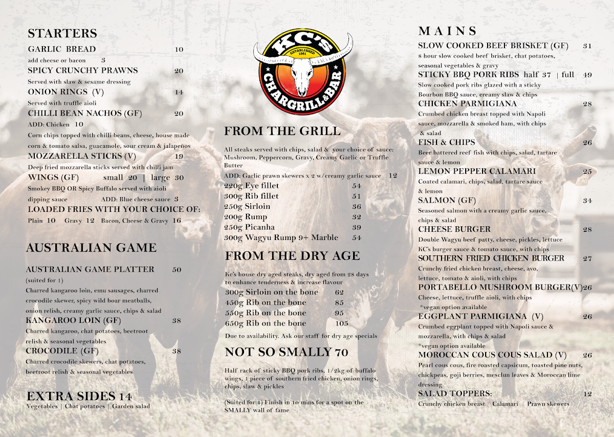 Menu, KC's Bar & Grill