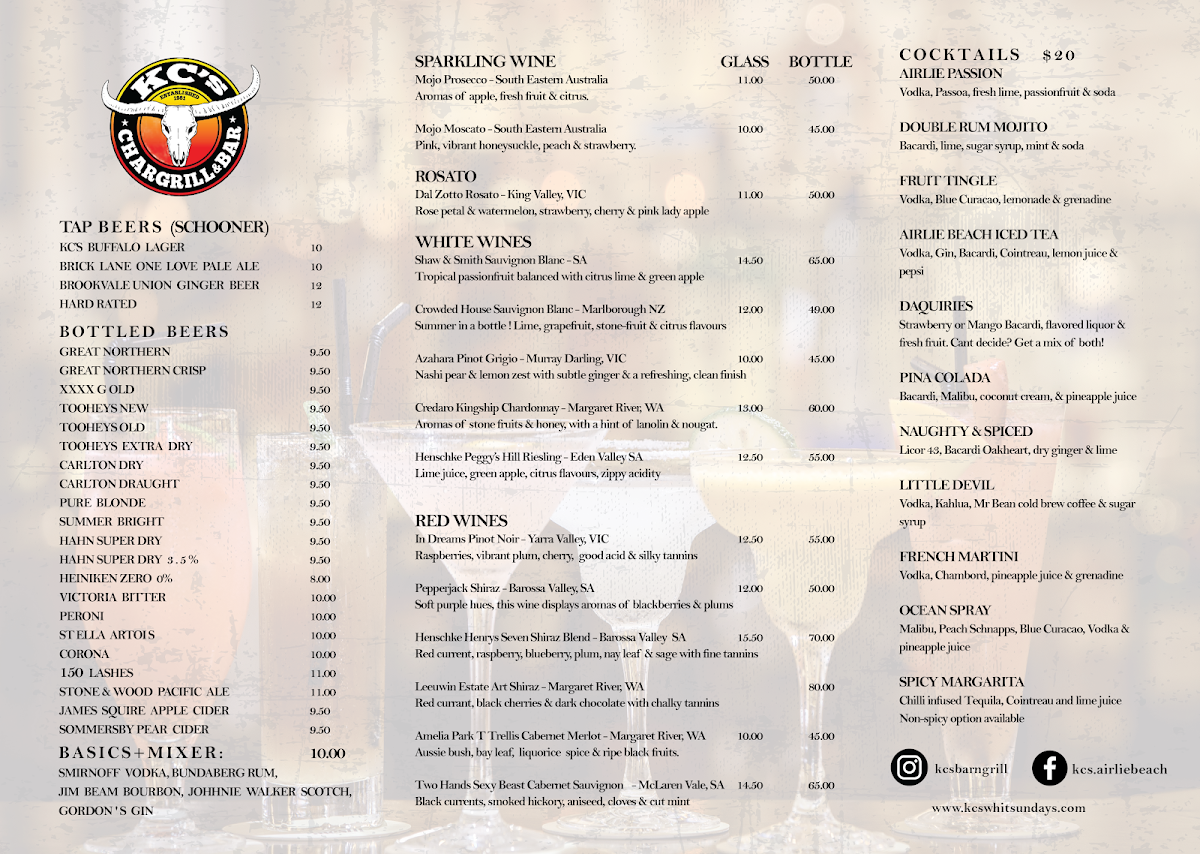 Menu, KC's Bar & Grill