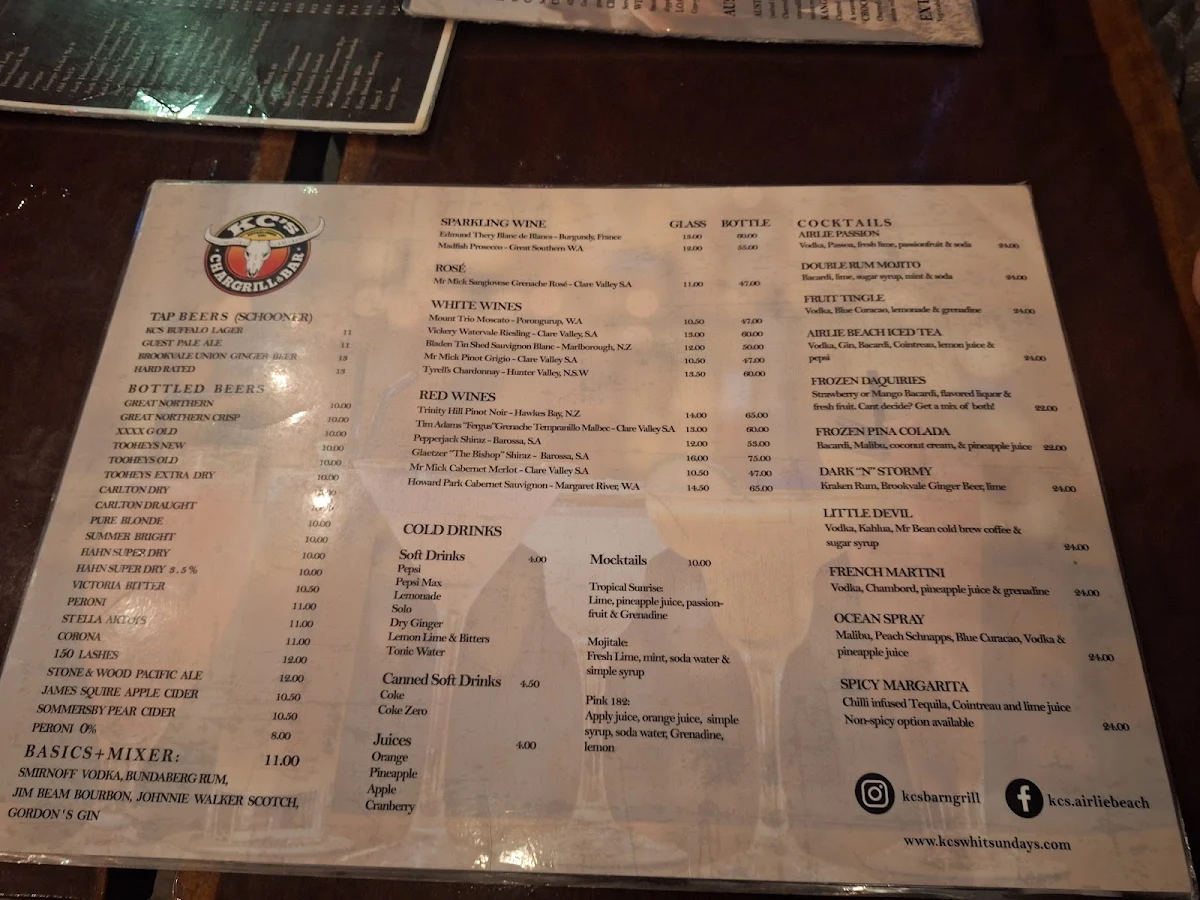Menu, KC's Bar & Grill