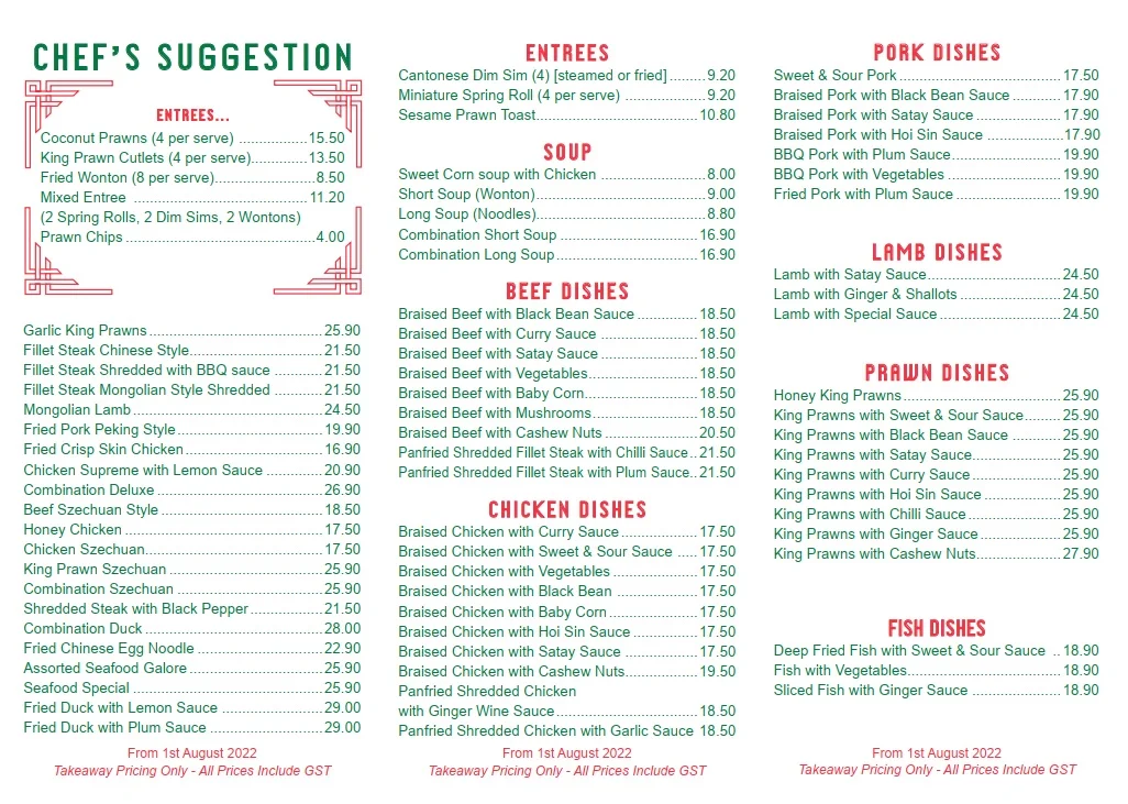 Menu, Golden Beach Chinese Restaurant