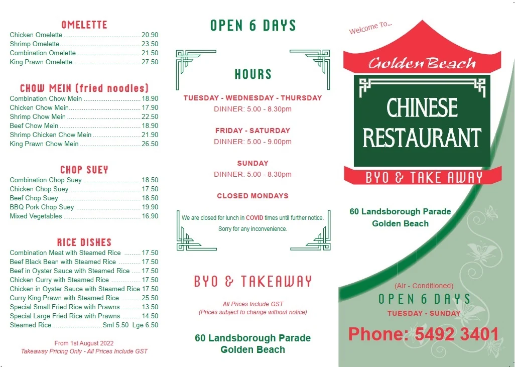 Menu, Golden Beach Chinese Restaurant