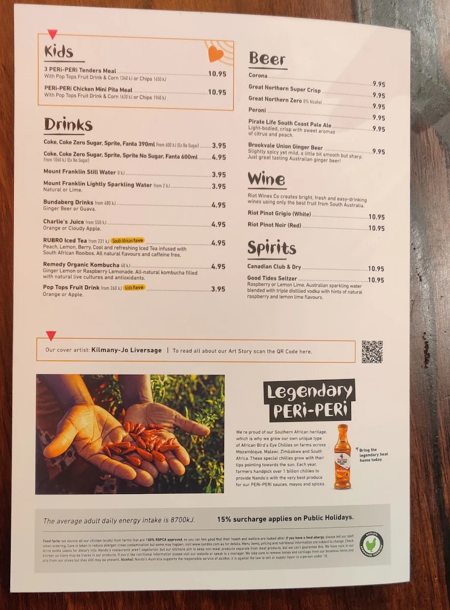 Menu, Nando's South Melbourne