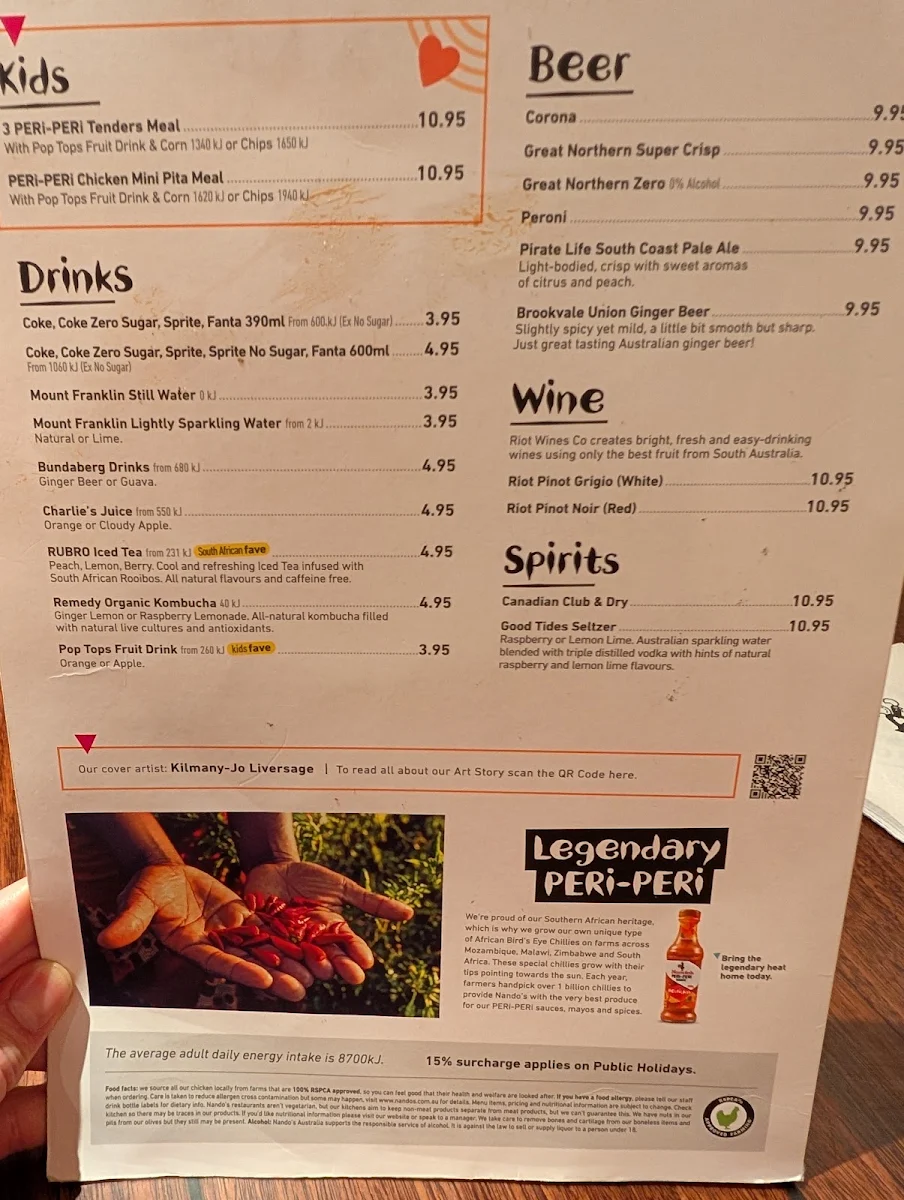Menu, Nando's South Melbourne