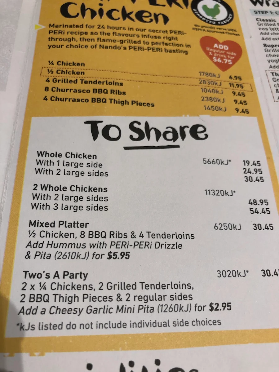 Menu, Nando's South Melbourne