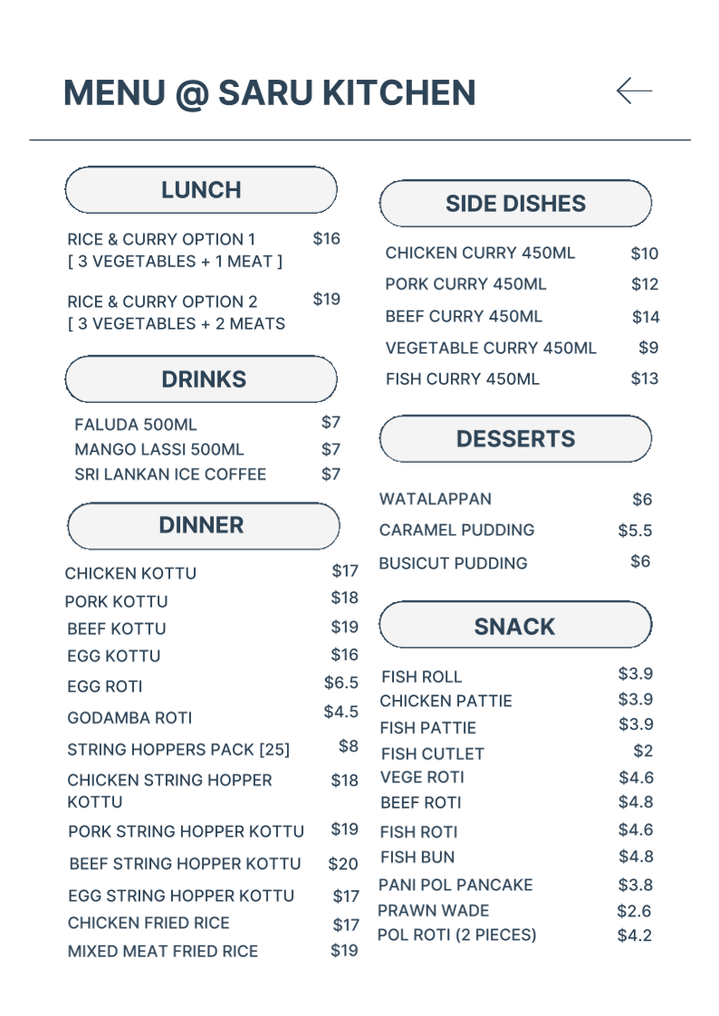 Menu, Saru Kitchen Ballarat