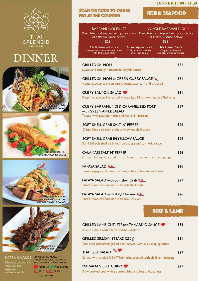 Menu, Thai Splendid