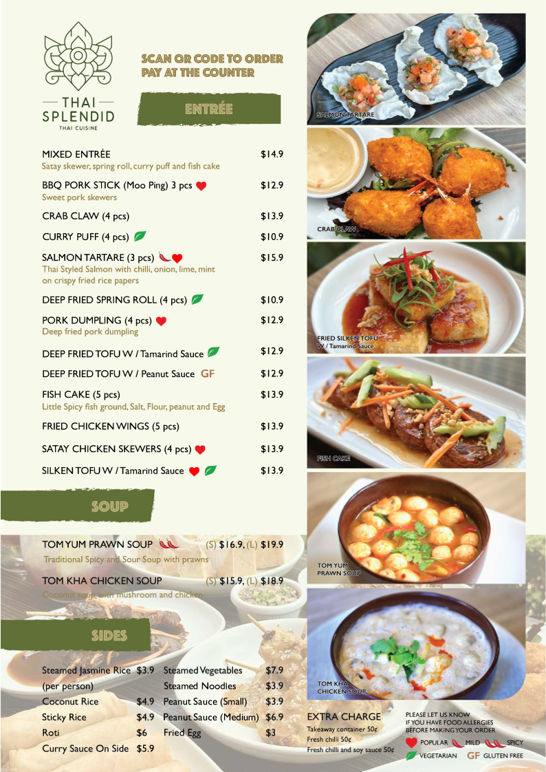 Menu, Thai Splendid
