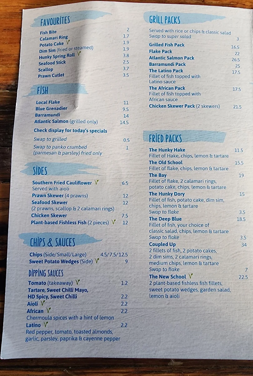 Menu, Hunky Dory Fish & Chips Moonee Ponds