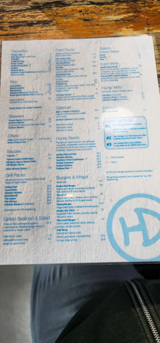 Menu, Hunky Dory Fish & Chips Moonee Ponds