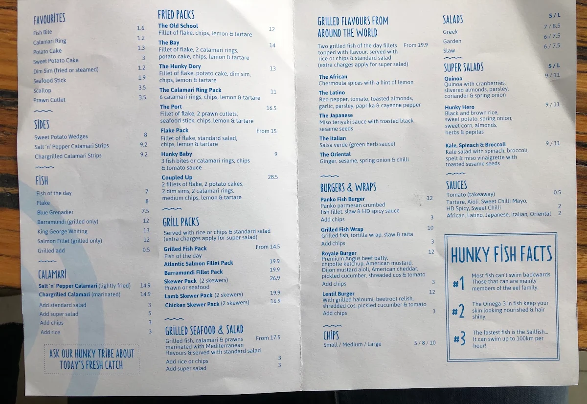 Menu, Hunky Dory Fish & Chips Moonee Ponds