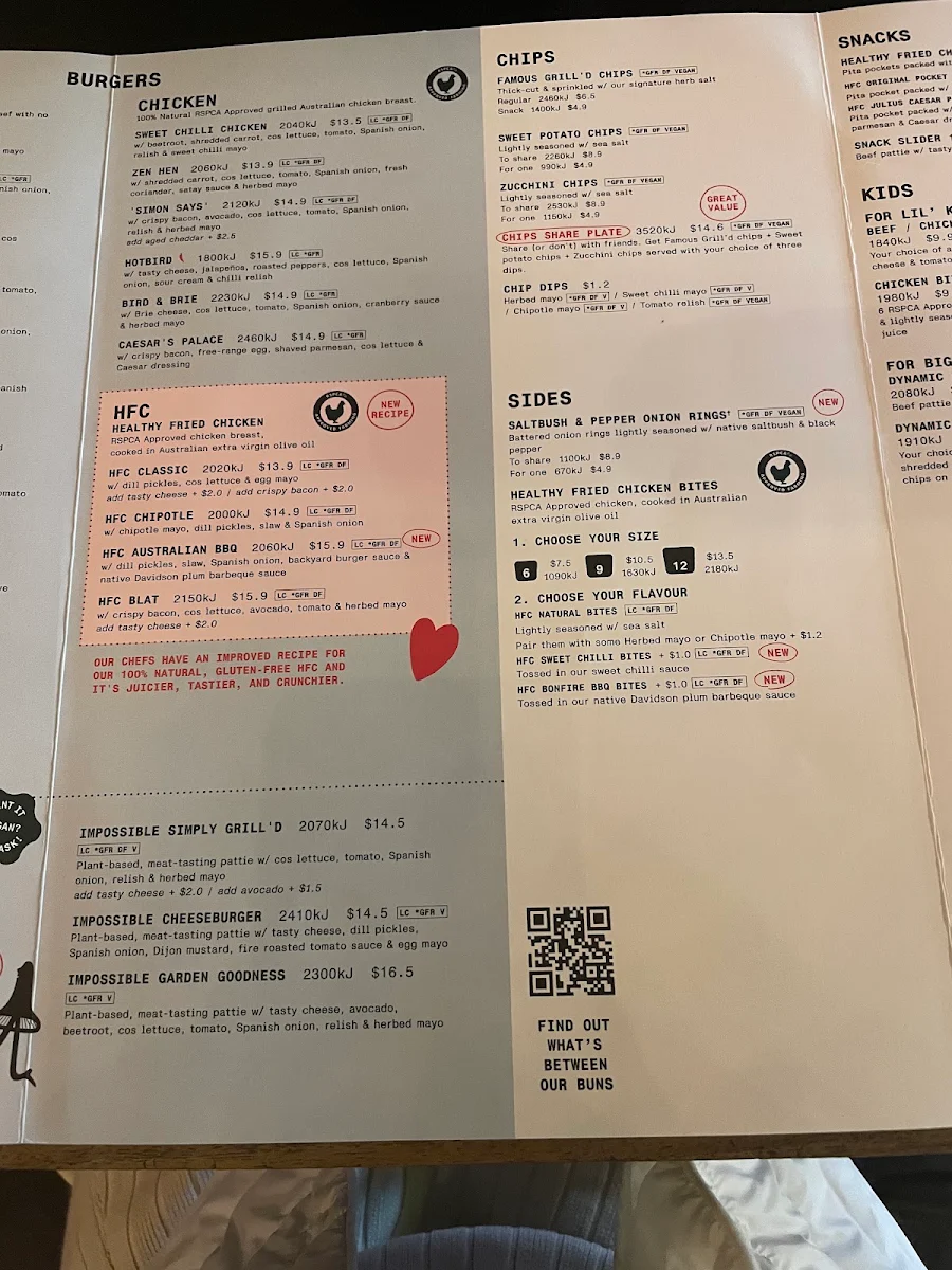 Menu, Grill'd Westfield Parramatta